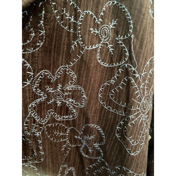 FLAX Medium Brown Corduroy Collared Lightweight Jacket Blue Embroidered Floral - Picture 3 of 9